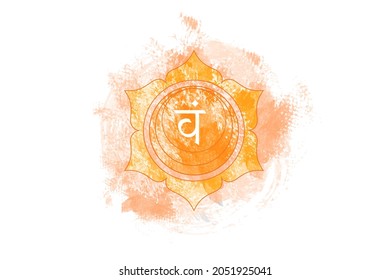 Second chakra of Swadhisthana, Sacral chakra logo template in watercolor style. Orange symbol mandala for meditation, yoga. Vector isolated on white background 