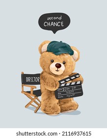 second chance slogan with cute bear doll director holding scene slate vector illustration