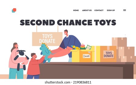 Second Chance Toys Landing Page Template. Altruistic Help To Kids, Charity, Caring And Philanthropy Concept. Volunteer Character Giving Donation Toys To Children. Cartoon People Vector Illustration