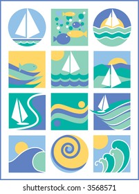 A second collection of 12 vector illustrations with a water-sailing theme.