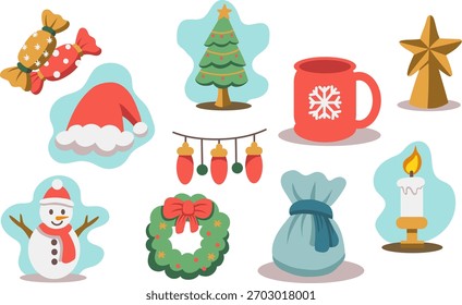 Second collection of Christmas-themed vector elements with ornaments, food, and decorations. Great for stickers, cards, and seasonal projects.