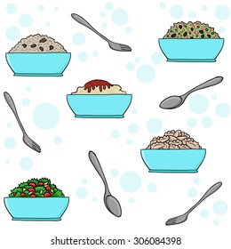 Second dishes - a full plate, vector pattern. Salads, rice and pasta