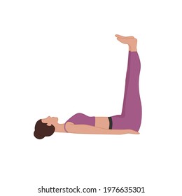 The second exercise of the Tibetan gymnastics complex. The woman raises her head and legs on the inhale and lowers them on the exhale. Vector illustration of healthy gymnastics for yoga studios.