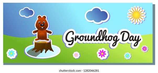 Second February greeting Groundhog Day color cartoon holiday illustration design for banner, cover
