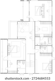 Disposición interior residencial del segundo piso con el dormitorio principal, walk-in closet, cuarto de baño, dormitorio Mediano y zona familiar