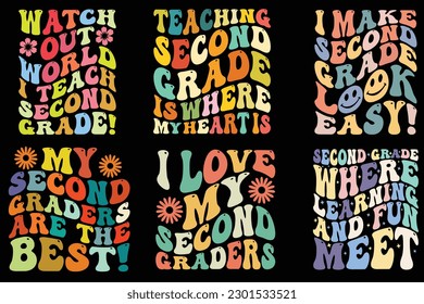 second grade Teacher retro wavy graphic t shirt Design bundle, elementary team educator printable 2nd grade Eps Magical illustration typography funny education quote teaching 2nd grade Teachers TShirt