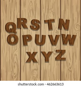 Second half colored grunge wooden alphabet, vector set with letters, ready for text message title or logos on wooden laminate background. Rings of tree.
