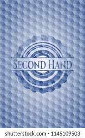 Second Hand blue emblem or badge with abstract geometric pattern background.