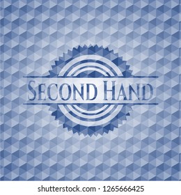 Second Hand blue emblem or badge with abstract geometric pattern background.