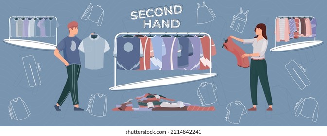 Second hand clothes abstract with clothing store symbols flat vector illustration