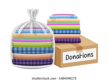 second hand clothes in the bag and crate, boxes for donations isolated on white, used shirts for donations and crate boxes, closed box donate, pile clothes used, clip art second hand donated clothes