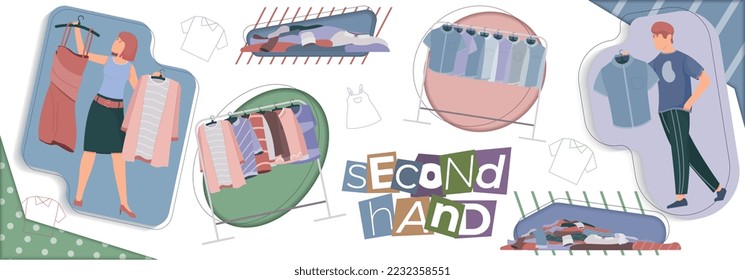 Second hand clothes collage with outfit and accessory symbols flat vector illustration