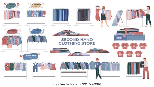Second hand clothes set with clothing store symbols flat isolated vector illustration