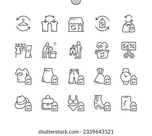 Second hand clothes store. Reusable thrifting wear. Skirt, pants, dress, watch, hat, bag, underwear, shoes. Pixel Perfect Vector Thin Line Icons. Simple Minimal Pictogram