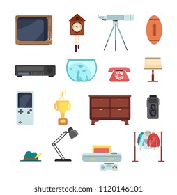 Second hand clothes, vintage goods from flea market vector set isolated on white background. Objects antique, for market garage, telescope and phone, aquarium and lamp, vcr device illustration