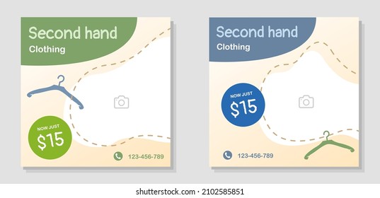 Second hand clothing social media banner set, thrifted clothes advertisement post, reselling ad, sustainable living abstract editable flyer leaflet, isolated.
