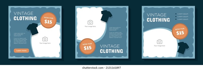 Second Hand Clothing Social Media Post, Banner Set, Vintage Shirt Advertisement Concept, Retro Fashion Marketing Square Ad, Abstract Print, Isolated On Background.