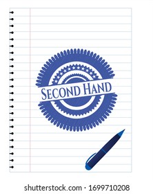 Second Hand emblem draw with pen effect. Blue ink. Vector Illustration. Detailed.