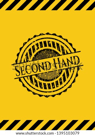 Second Hand grunge black emblem with yellow background, warning sign. Vector Illustration. Detailed.