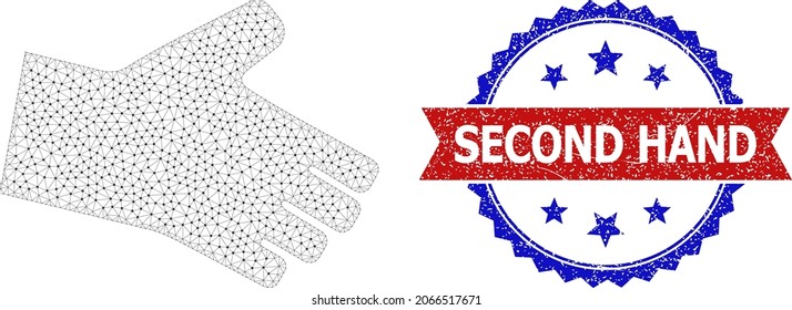 Second Hand grunge stamp, and hand icon mesh structure. Red and blue bicolored stamp has Second Hand tag inside ribbon and rosette. Abstract 2d mesh hand, created from flat mesh.