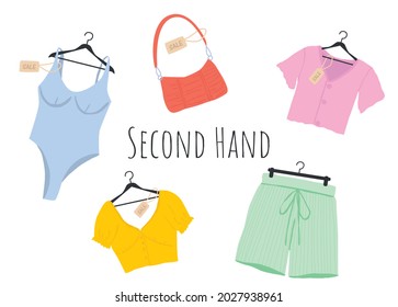 Second hand illustration. Woman clothes At Fashion Thrift Shop. Bag, top, swimsuit for donation. Combination of things for a second use. Sale and discount tag on outfit. Cloth on a hanger and rack. 