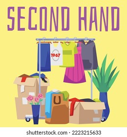 Second hand market or store advertising banner or signboard template, flat design vector illustration. Second hand sales and flea market banner mockup.