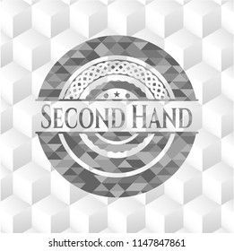 Second Hand retro style grey emblem with geometric cube white background