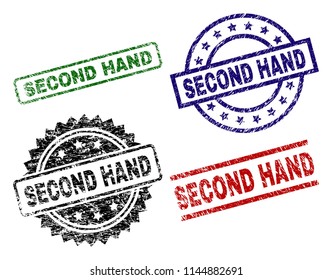 SECOND HAND seal prints with corroded surface. Black, green,red,blue vector rubber prints of SECOND HAND caption with scratched surface. Rubber seals with round, rectangle, medal shapes.