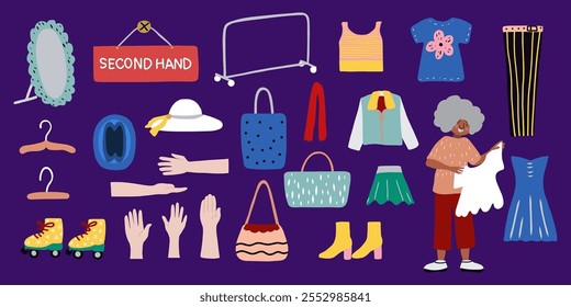 Second hand shop clip art. Hand drawn vector artwork about fashion, sustainability, reusing, save the Earth. There are bipoc people, girl, clothing. Design social,  retail and  flea market theme. 