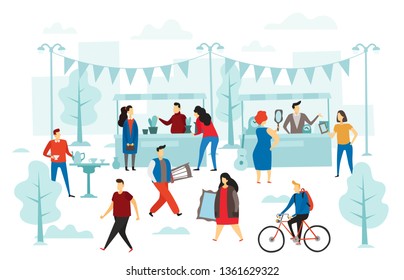 Second hand shop. Flea market, street shop trading stalls and fashion clothes swap. People selling cloth, second clothes marketing or tourism fashion shopping flat vector illustration
