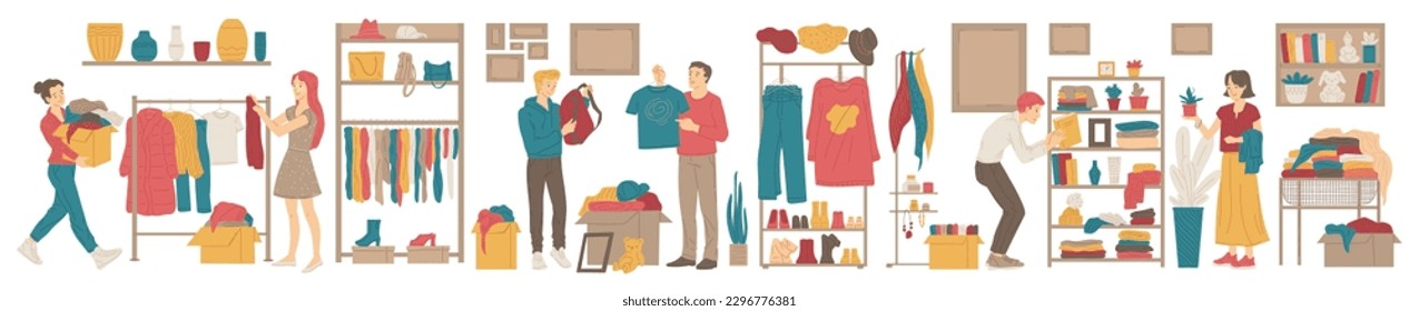 Second hand shop or garage sale, flat vector illustration isolated on white background. People buying used goods - closet, books and home decor. Concept of shopping.