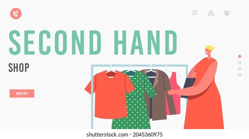 Second Hand Shop Landing Page Template. Female Character Choose Clothes To Buy During Outdoor Garage Sale. Woman Watching Old Clothing On Hanger At Flea Market Fair. Cartoon Vector Illustration