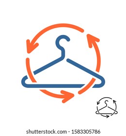 Second hand shop logo. Recycling clothes symbol. Hanger symbol with arrows around.