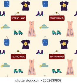 Second hand shop pattern. Hand drawn vector artwork about thrifting, sustainability, reusing, save the Earth and flea market. Design social retail theme. There are clothes, shoes, billboard and bags. 