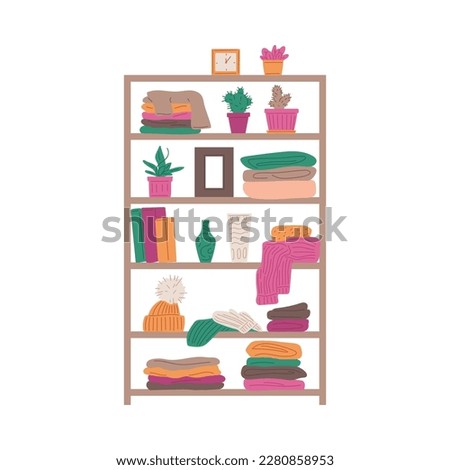 Second hand shop shelf with used clothes, books and home decor - flat vector illustration isolated on white background. Vintage store stall. Flea market and garage sale concepts.