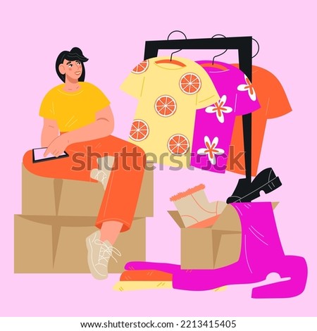 Second hand shop and swap party. Concept of internet flea market and clothing donation, flat vector illustration isolated on background. Woman with a phone sits on boxes with packed clothes.