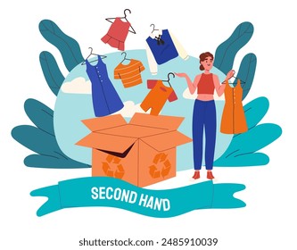 Tienda de segunda mano. La mujer compra cosas. Tienda barata con descuentos. Cliente con mercado de bazar o garaje. Antiguas cosas y tienda local. Ilustración vectorial de dibujos animados aislada sobre fondo blanco