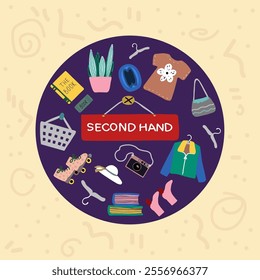 Second hand shopping round composition. Hand drawn vector artwork on the beige textured background. There are clothing, shoes, bags, books. Design reuse, thrift, flea market and sustainability theme.