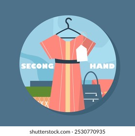 Pegatina de segunda mano. Vestido rosa con etiqueta. Moda y tendencia. Garaje en venta para vecinos. Comercio y Mercancía. Mercado de pulgas y bazar. Ilustración vectorial plana aislada sobre fondo azul