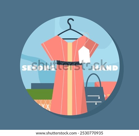 Second hand sticker. Pink dress with tag. Fashion and trend. Garage sale for neighbors. Commerce and merchandise. Flea market and bazaar. Flat vector illustration isolated on blue background