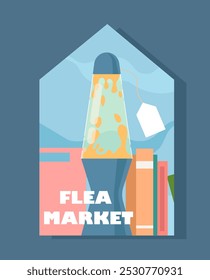 Second hand sticker. Retro lamp with tag. Garage sale for neighbors. Commerce and merchandise. Flea market and bazaar. Poster or banner. Flat vector illustration isolated on blue background