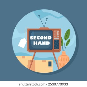 Pegatina de segunda mano. Televisión y tv. Cosas retro. Garaje en venta para vecinos. Comercio y Mercancía. Mercado de pulgas y bazar. Ilustración vectorial plana aislada sobre fondo azul