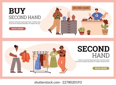 Second hand store advertising web banners set, flat vector illustration. People buying vintage clothing and home decor at flea market. Diverse characters shopping.