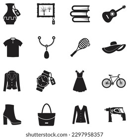 Second Hand Store Icons. Black Flat Design. Vector Illustration.