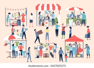 Tienda de segunda mano al aire libre. Mercado de pulgas de primavera, la gente compra herramientas usadas, bienes, muebles y ropa. Venta de garaje del barrio, escena vectorial reciente