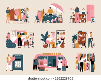 Iconos de color de mercado de segunda mano y domingo conjunto de ilustraciones vectoriales aisladas