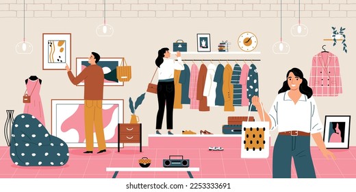 Second hand sunday market with people choosing retro clothes flat vector illustration