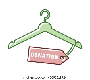 Second hand thrifted clothing icon, preowned apparel donation, thrift store concept, cloth hanger with donating tag on it, isolated on white background.