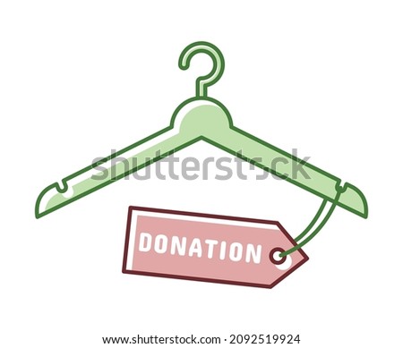 Second hand thrifted clothing icon, preowned apparel donation, thrift store concept, cloth hanger with donating tag on it, isolated on white background.