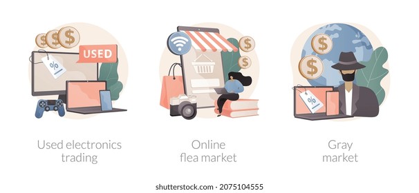 Conjunto de ilustración vectorial de concepto abstracto de comercio de segunda mano. Comercio electrónico usado, mercado de pulgas en línea, mercado gris, subasta digital, tienda de Internet, ventas ilegales, metáfora abstracta del ecommerce.